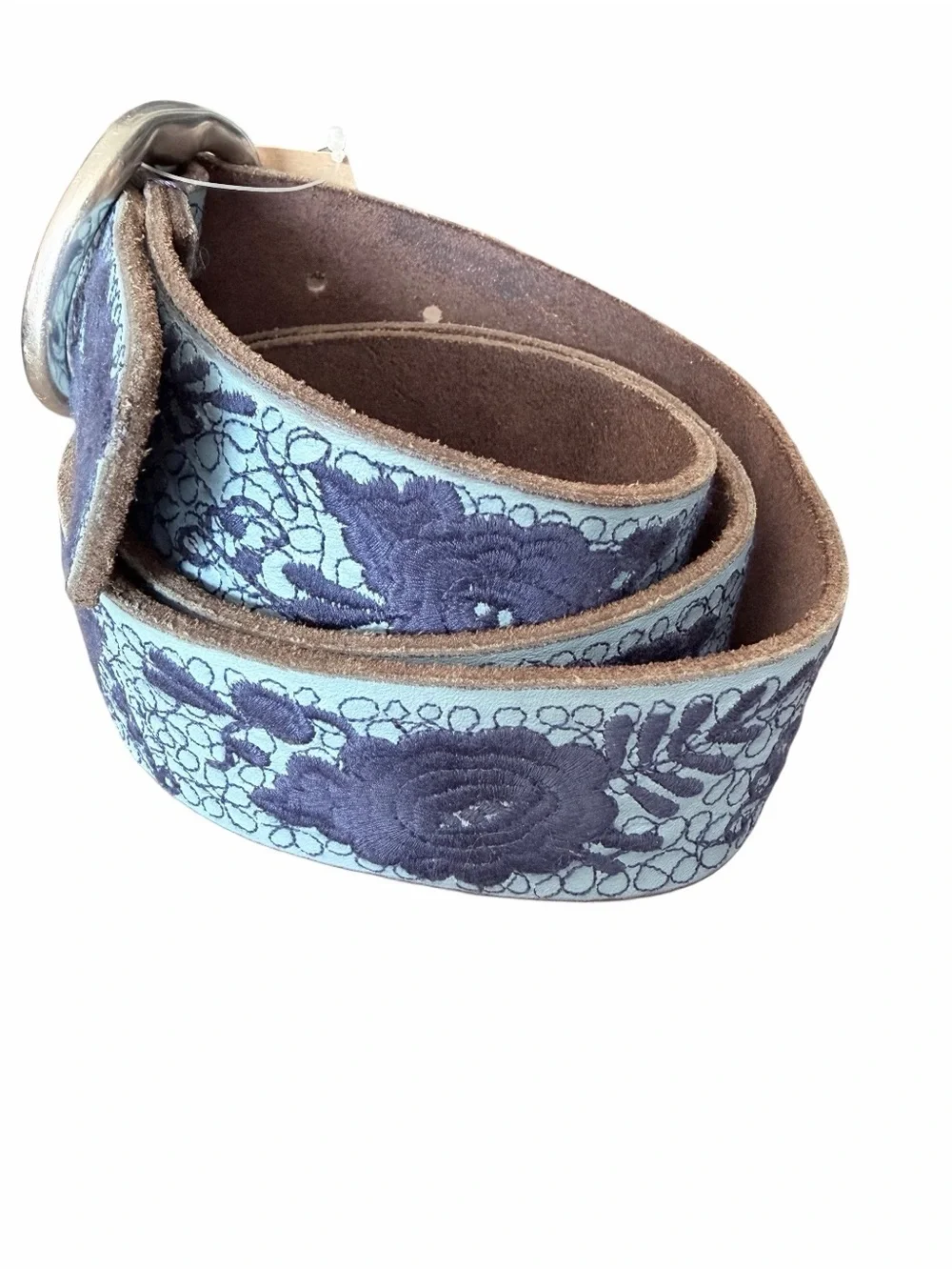 Lucky Brand NWTs Blue Leather Embroidered Floral Belt size XL